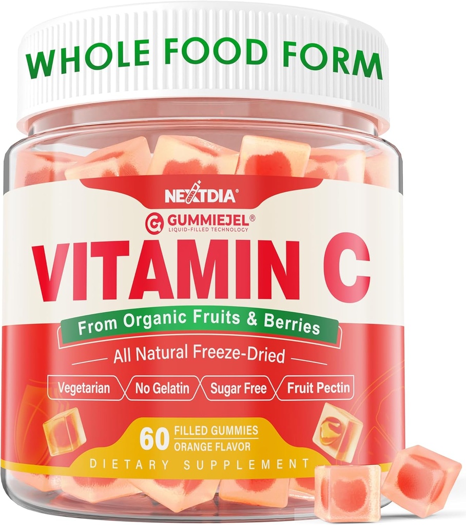 Vitamina Orgánica C Gummies 120mg para Adultos, Azúcar Gratis, Defensa Inmunitaria diaria, Antioxidante crudo, 100% Alimento integral Vitamina C Suplemento de 1200mg Berries & Fruits for Collagen, Vegan, 60 Condes