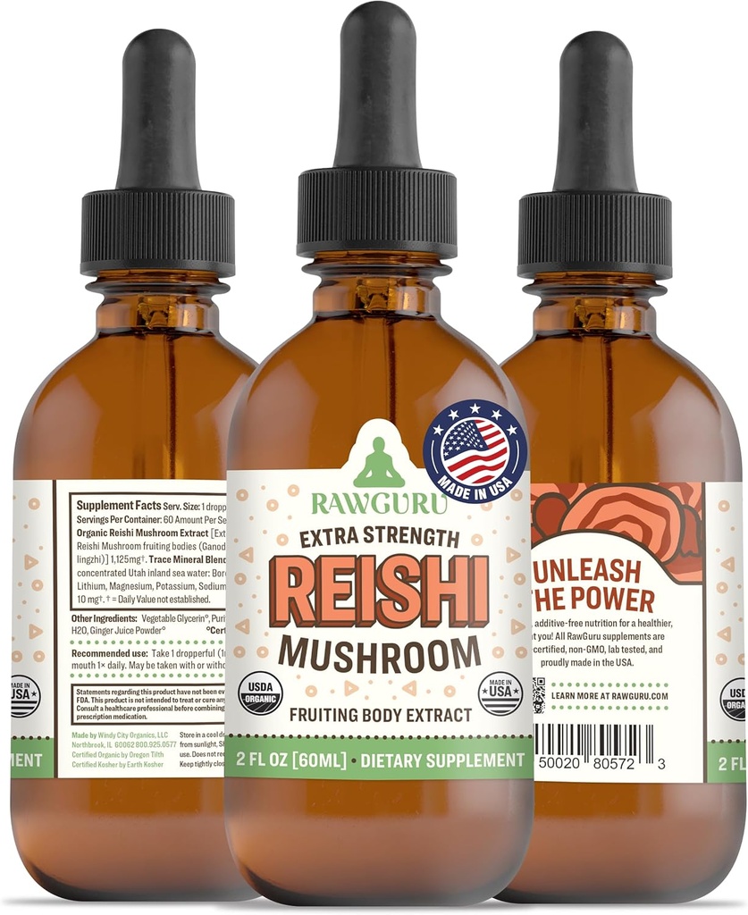 RawGuru Orgánica Reishi Mushroom Tintura - Reishi Mushroom Extract with Natural Trace Minerals - Nano-Proceso Cognitivo &amp; Apoyo Inmunitario Suplemento - 60 Servimientos de gotas Veganas por 60 ml, Pack de 1