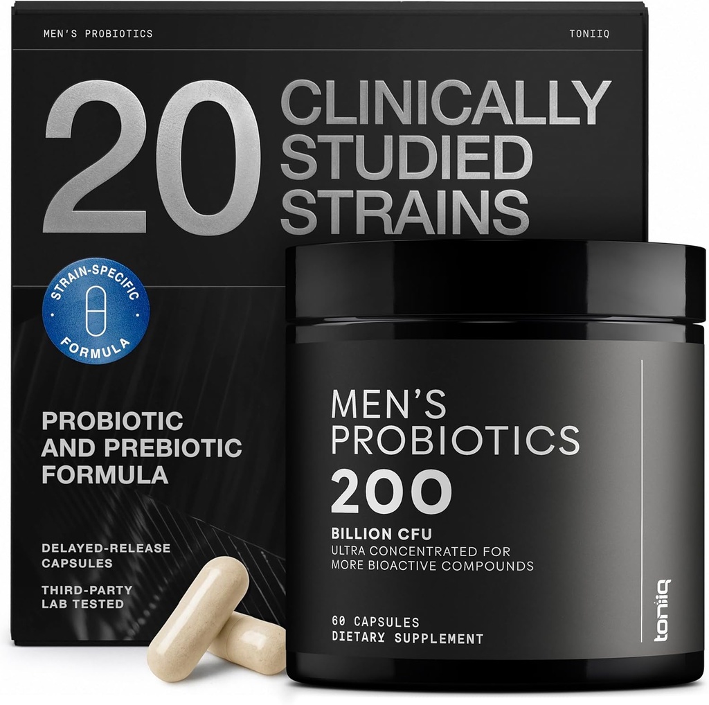 Toniiq Mens Probiótico con 20 Strains Verificados – 200 Bilion CFU + 200 mg FOS Prebiótico – Mens Probióticos para Gut Health - Cold-Chain & Release-Lab-Tested Synbiotic Formula