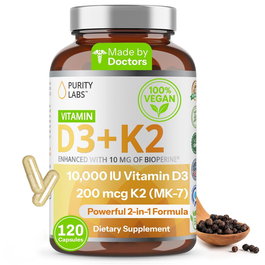 Purity Labs Vitamin D3 K2 10000 IU, (250mcg) D3 + 200mcg K2 MK7 - Immune Support Supplement Enhanced with Bioperine - Supplements for Daily Defense, Bone, Muscle & Skin Health - 120 Capsules