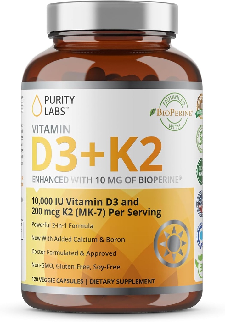 Purity Labs Vitamin D3 K2 10000 IU, (250mcg) D3 + 200mcg K2 MK7 - Immune Support Supplement Enhanced with Bioperine - Supplements for Daily Defense, Bone, Muscle & Skin Health - 120 Capsules