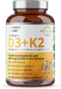 Laboratorios de pureza Vitamina D3 K2 10000 UI, (250mcg) D3 + 200mcg K2 MK7 - Suplemento de apoyo inmunitario mejorado con bioperina - Suplementos para la defensa diaria, bonificación, salud muscular - 120 cápsulas