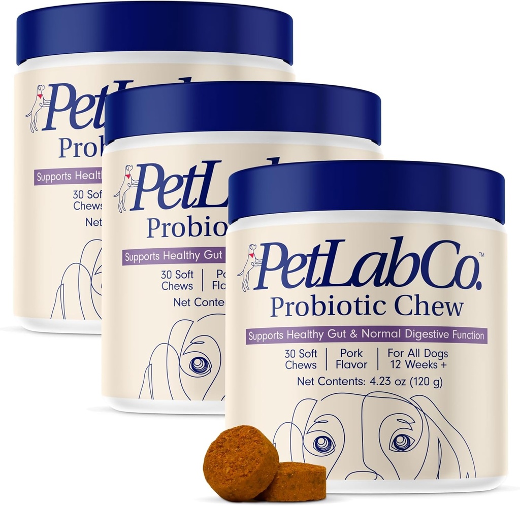 PetLab Co. Probióticos para Perros, Asistencia Gut Health, Diarrea Ocasional, Salud Digestiva " Alergias estacionales - Sabor de cerdo - 30 Mandíbulas suaves - Embalaje Mayo Vary (Valor 3-Pack)
