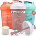 GOMOYO [3-Pack] 20-Ounce Shaker Bottle with Action-Rod Mixer | Protein Shaker Bottle with Motivational Quotes | Shakers for Protein Shakes are BPA Free and Dishwasher Safe | Coral, Mint, & Rose