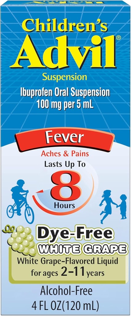 Alimentador de dolor Advil para niños y Reductor de fiebre, Ibuprofeno para el alivio del dolor para niños, Ibuprofeno líquido para niños, White Grape - 4 Fl Oz
