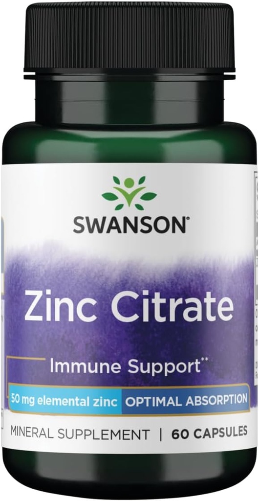 Citrato de zinc Swanson - Suplemento Mineral Promoción Visión saludable &amp; Sistema de inmunología Salud - Fórmula natural Apoyo Wellness general - (60 cápsulas, 50 mg cada uno)