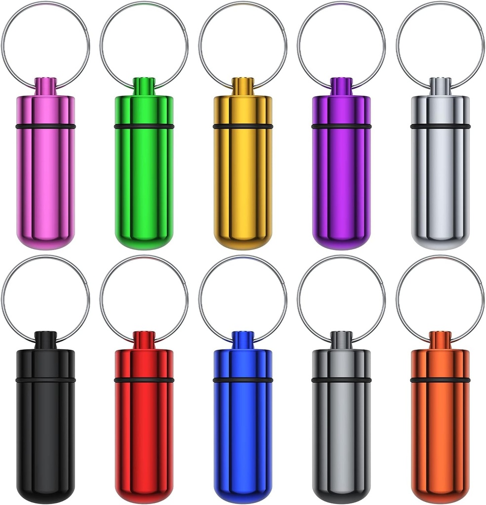 Small Portable Pill Case with Keychain(10 Pack), Urekt Waterproof Aluminum Pill Organizer Metal Mini Box Pocket Drug Storage Container for Outdoor Camping Travel