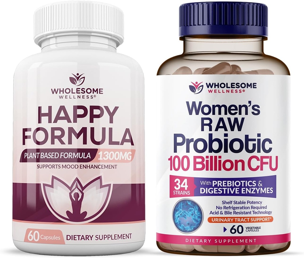 Wholesome Wellness Happy Formula Natural Suplemento de Alivio de Fórmula + Dr. Formulated Raw Probiotics for Women 100 Billion CFUs Bundle