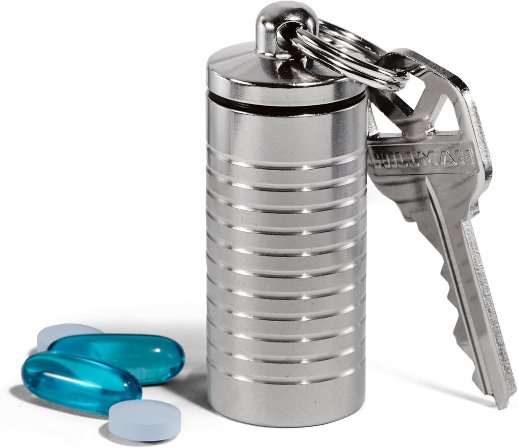 Cielo Pill Holders - Wide Single Chamber Nitroglycerin Keychain Pill Holder, Hecho en EE.UU., Contenedor de llavero de acero inoxidable, caja impermeable con cámaras personalizables