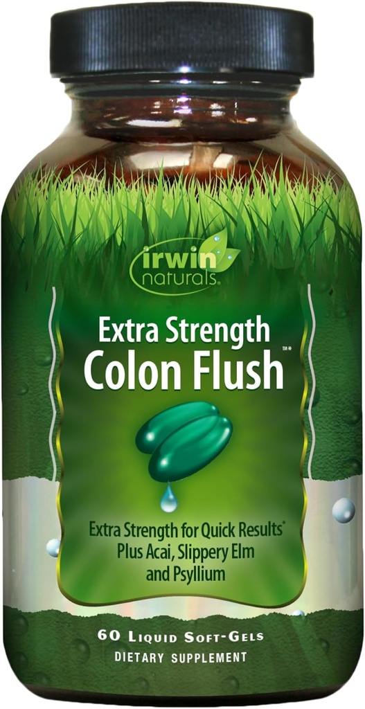 Irwin Naturals Extra Strength Colon Flush Quick &amp; Powerful Digestive + Constipation Support Supplement with Psyllium, Acai, Triphala + Soothing Botanicals - 60 Liquid Softgels