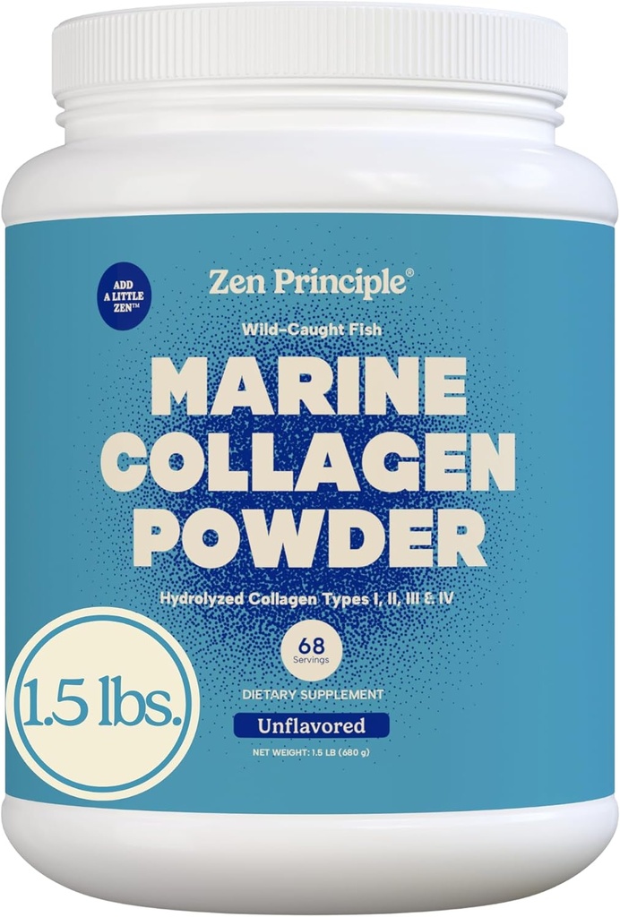 Principio Zen Peptides de Collagen Marine Powder 1.5 lb. Pescado salvaje, no OGM. Admite la piel sana, el pelo, las articulaciones y los huesos. Tipo 1 &amp; 3 Proteína. Aminoácidos. Sin sabor, fácil de mezclar.