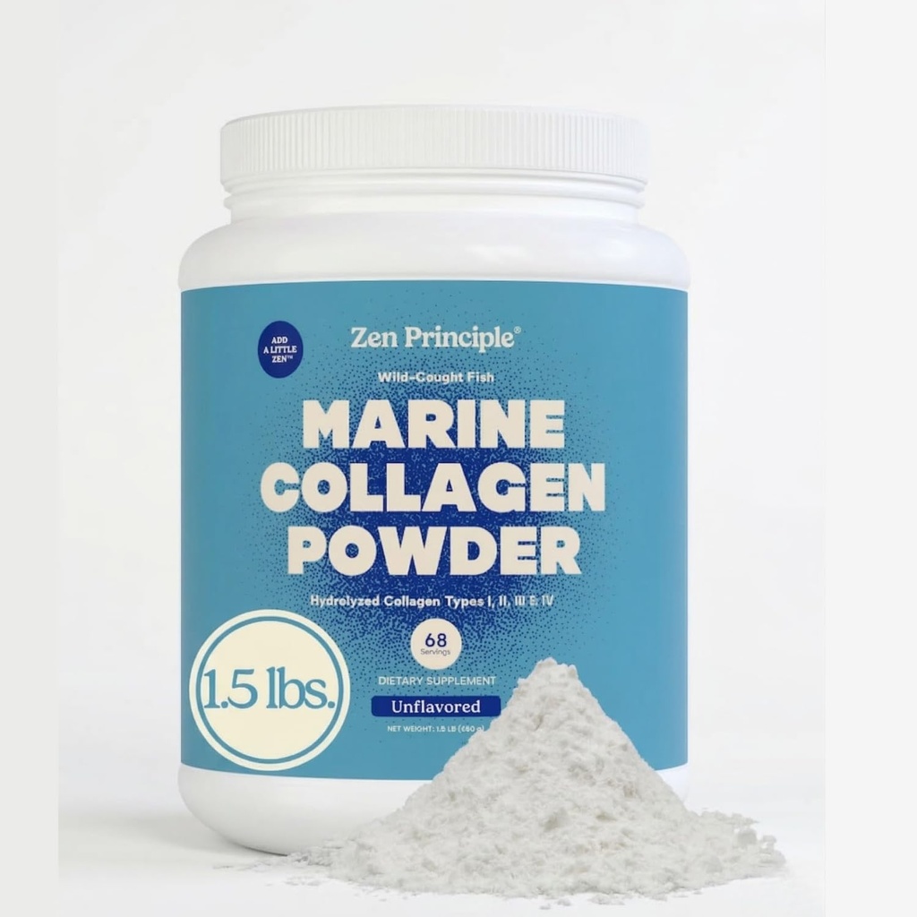 Principio Zen Peptides de Collagen Marine Powder 1.5 lb. Pescado salvaje, no OGM. Admite la piel sana, el pelo, las articulaciones y los huesos. Tipo 1 &amp; 3 Proteína. Aminoácidos. Sin sabor, fácil de mezclar.