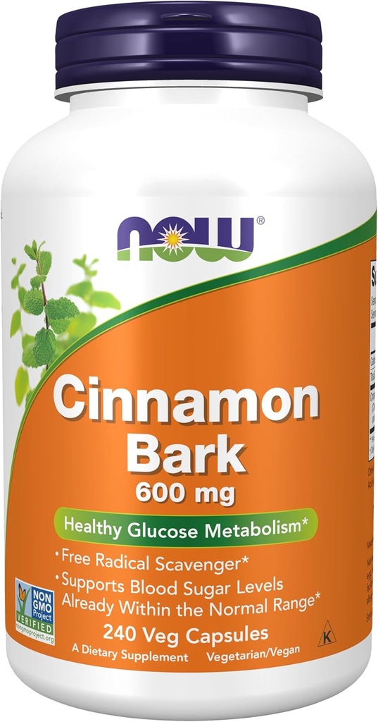 AHORA Suplementos de alimentos, Barco de canela 600 mg, Proyecto no GMO Verificado, Metabolismo de glucosa saludable*, 240 cápsulas de veg