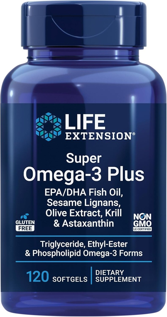 Extensión de vida Super Omega-3 Plus EPA/DHA Fish Oil, Sesame Lignans, Olive Extract, Krill &amp; Astaxanthin - Heart, Brain &amp; Joint Health Support - Gluten-Free, Non-GMO - 120 Softgels