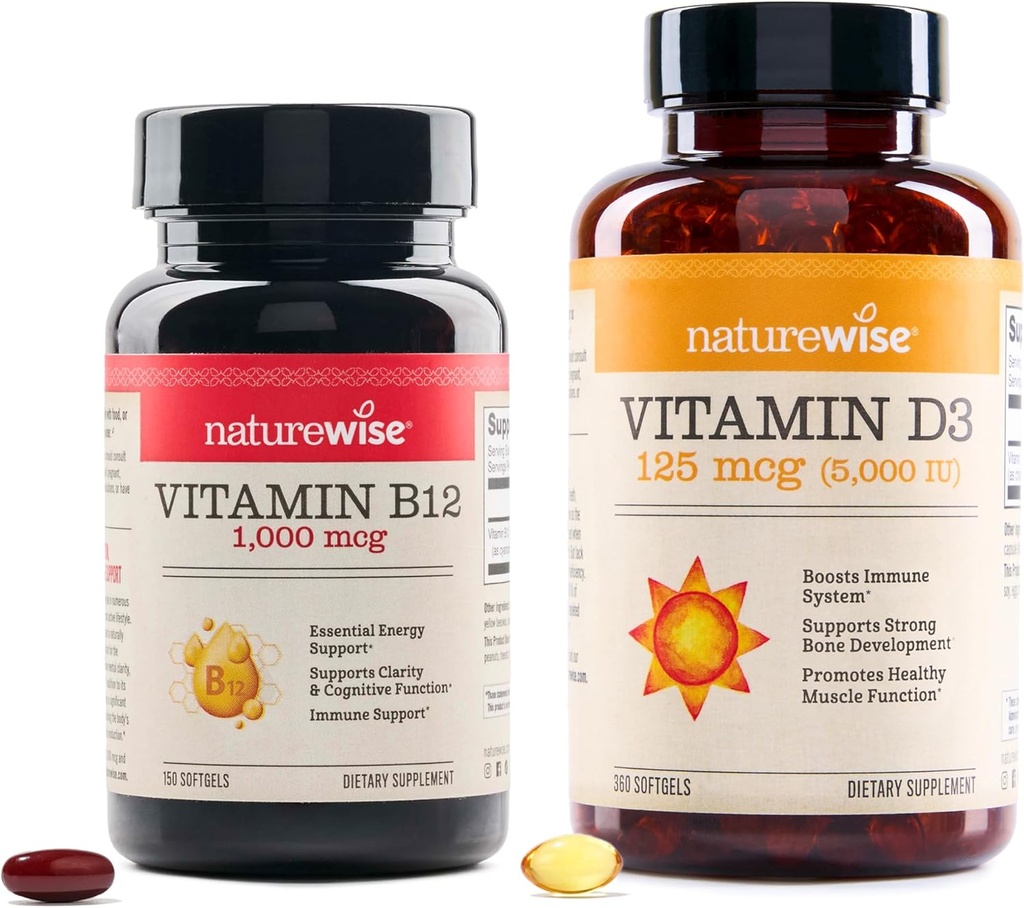 NatureWise Vitamina B12 1000 mcg 150 Softgels & Vitamina D3 5000iu 360 Mini Softgels for Energy, Mental Clarity, Bone &amp; Muscle Support