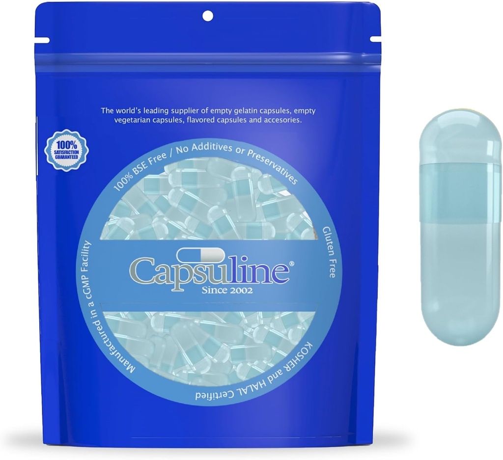 Capsuline Spirulina Coloreado Talla 0 Empty Vegan Capsules Azul/Blue - 100 Cuenta - Vegetarian Empty Pill Capsuless - DIY Vegetable Capsule Filling - Veggie Pill Capsules - Kosher y Halal Certified