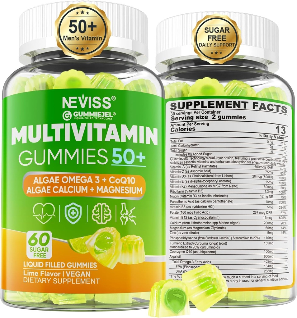 Multivitaminas para Hombres 50 + Plus, Hombres Libres de Azúcar Multivitaminas Gummies w/Omega-3, Coq10, D3k2, Calcio, Magnesio, Zinc, Vitaminas A, C &amp; E, Mens Vitaminas para HeRt, Antioxidante, Cerebro, Hueso, 60cts