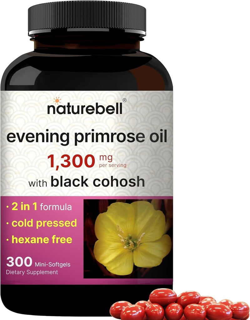 NatureBell Evening Primrose Oil with Black Cohosh, 1,300mg Por Serving, 300 Mini-Softgels ← Cold Pressed Seeds, Retains 130mg GLA for Womens Health & Skin Care Support – Hexane Free, Non-GMO