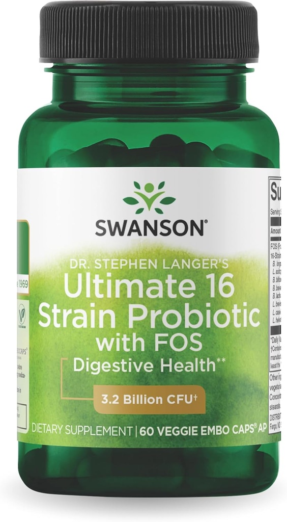Swanson Dr. Stephen Langer's Fórmula - Natural Probiótico w / Prebiótico FOS - 16-Strain Suplemento Promoción Digestivo Soporte w / 3.2 Billones CFU por cápsula - (60 Veggie Capsules)