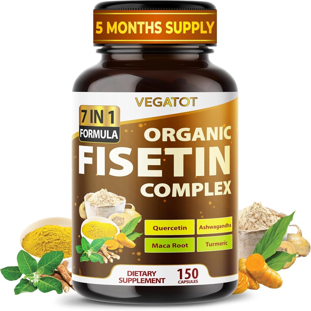 Complejo de Fisetina Orgánica VEGATOT 7-in-1 Fórmula Silencioso con Quercetin, Resveratrol, Ashwagandha, Maca Root, Turmeric, Black Pepper ← 150 Capsules ← Non-GMO, Gluten-Free