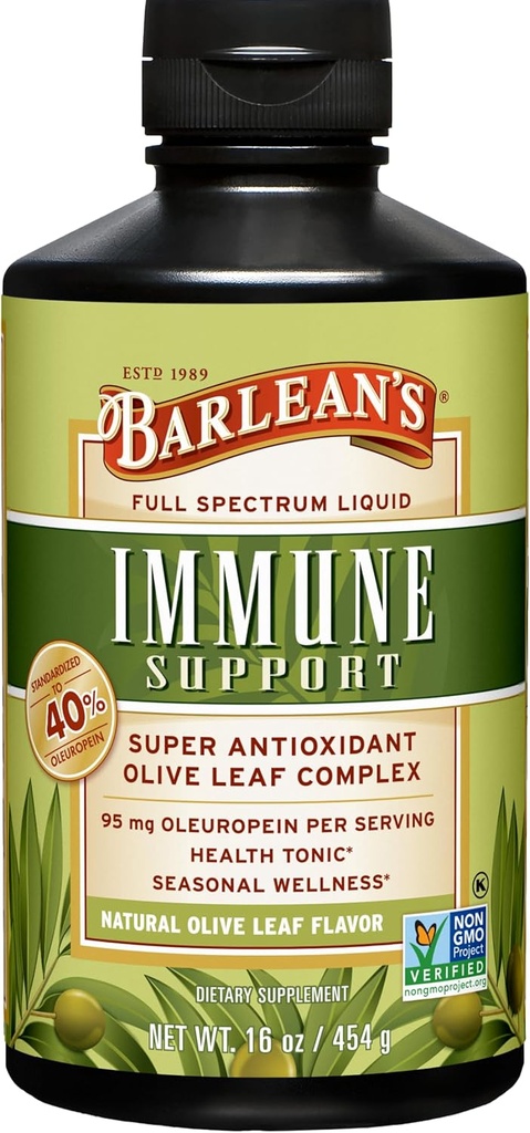 Complejo de sopa de oliva de Barlean Apoyo líquido suplemento con 95mg Oleuropeina Antioxidantes para bienestar estacional, salud cardíaca, &amp; sistema de inmune Booster, 16 onzas