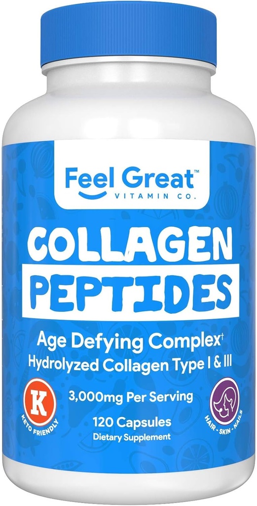 Peptides de colágeno hidrolizado Capsules de polvo (Tipo I &III) por Feel Great Vitamin Co. ← Wheat Free, Keto & Paleo Friendly  durable Collagen Powder Supplement for Hair, Skin and Nails*