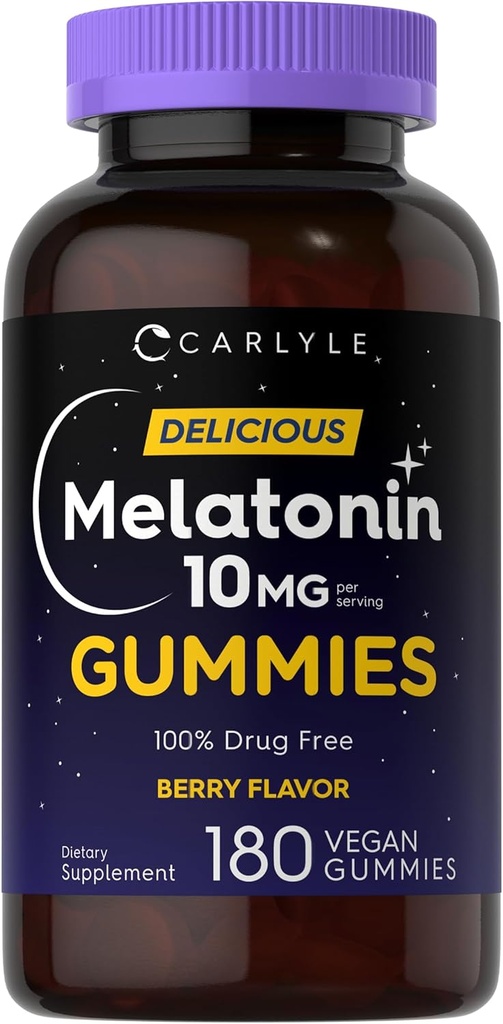 Carlyle Melatonin Gummies 10mg Silencio 180 Cuenta ← Adult Drug Free Aid ¦ Berry Flavor ← Vegan, Non-GMO, Gluten Free Supplement