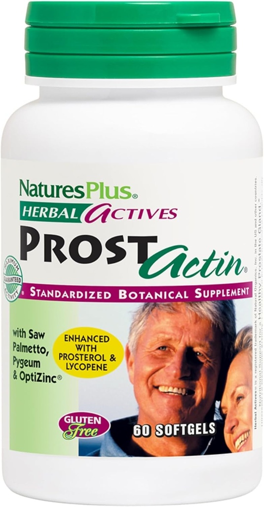 Natures Plus Herbal Actives ProstActin - 200 iu Vitamin E, 60 Softgels - Healthy Prostate Gland Support, con Saw Palmetto, Pygeum & Pumpkin Seed Oil - Gluten-Free - 30 Servings