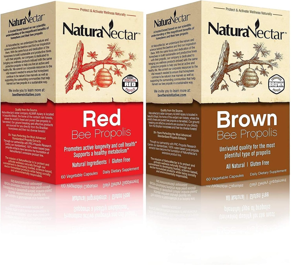 NaturaNectar Natural Bee Propolis Bundle - Red Propolis y Brown Propolis - para Immune Support, Salud Respiratoria y Metabolismo Saludable - 60 cápsulas por botella