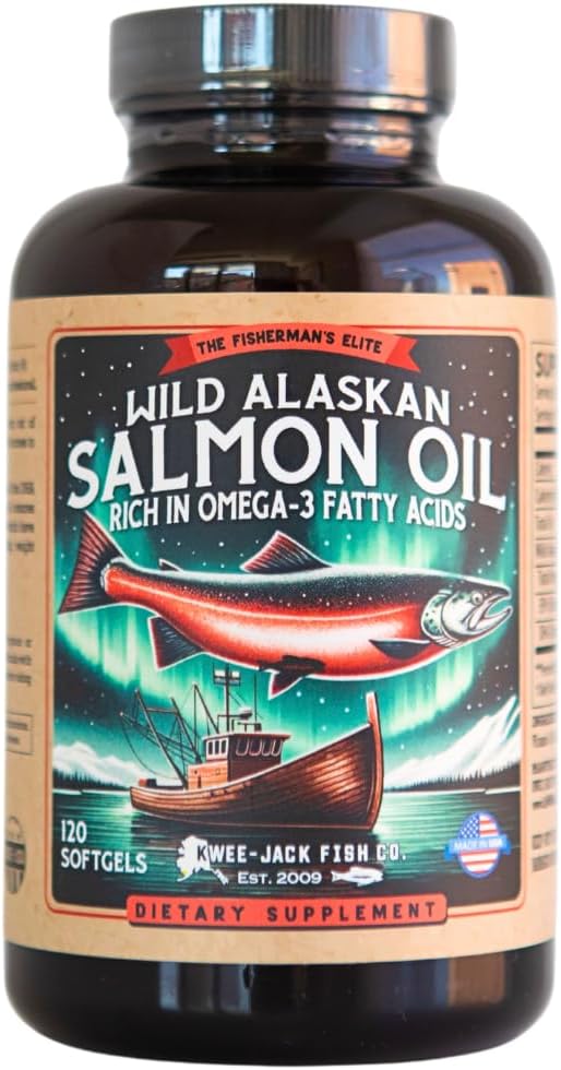 Wild Alaskan Salmon Fish Oil Omega 3 Suplemento para los seres humanos TENIDO EPA y DHA TENIDO Kwee-Jack Fish Co. TEN 120 Softgels 1000mg Salmon Oil