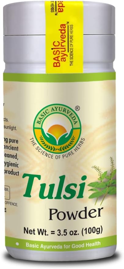 BASIC AYURVEDA Tulsi Powder ← Holy Basil Leaf Powder for Tea, Cooking " Herbal Use TEN Pure " Natural TEN Gluten-Free, Non-GMO TEN Raw Ayurvedic Herb Supplement TEN 3.53 Oz (100g)