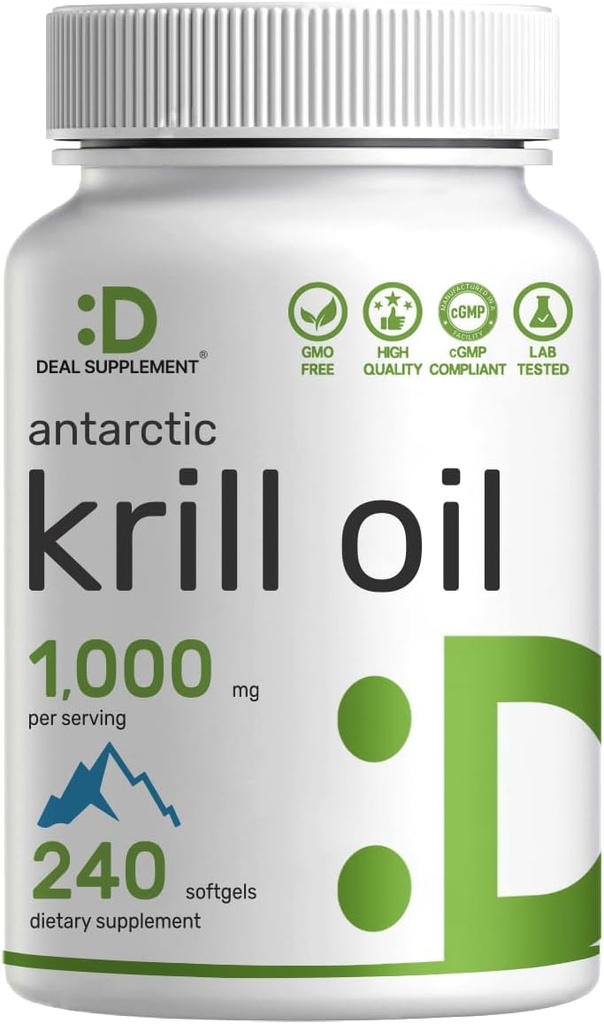 DEAL SUPPLEMENTO Aceite de Krill Antártico, 1000 mg por ser, 240 Softgels – Mercurio libre, No Fishy Taste – Rico en Omega-3s, EPA, DHA, Astaxanthin, & Phospholipids – No GMO, No Gluten