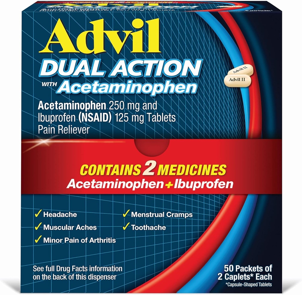 Doble acción Advil Coated Caplets con Acetaminophen, 250 Mg Ibuprofeno y 500 Mg Acetaminophen Per Dose (2 Dose Equivalente) por 8 horas Alivio del dolor - 2 Cuenta x 50