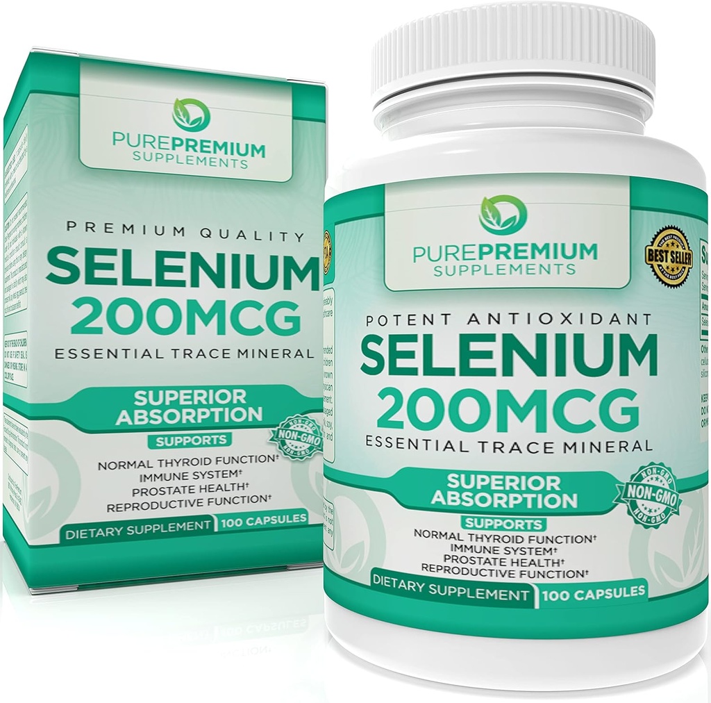 PurePremium Selenium 200mcg Suplemento - L Selenomethionine Essential Mineral - Asistencia diaria para la tiroides normal, sistema inmune permanente normal función de la próstata - 3 meses suministro - 100 cápsulas