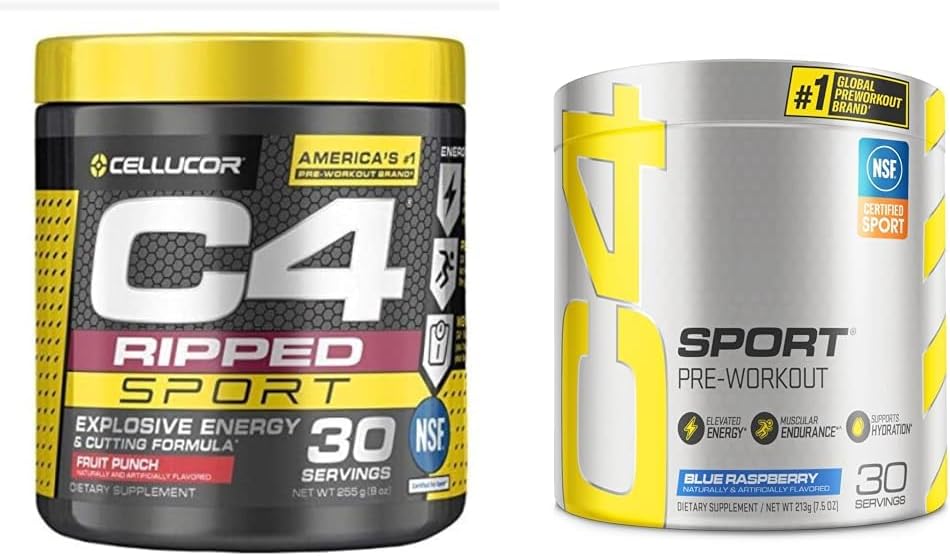 C4 Ripped Sport Pre Workout Powder Fruit Punch - NSF certificado para el deporte + azúcar gratis &amp; C4 Sport Pre Workout Powder Blue Raspberry - Pre Workout Energy