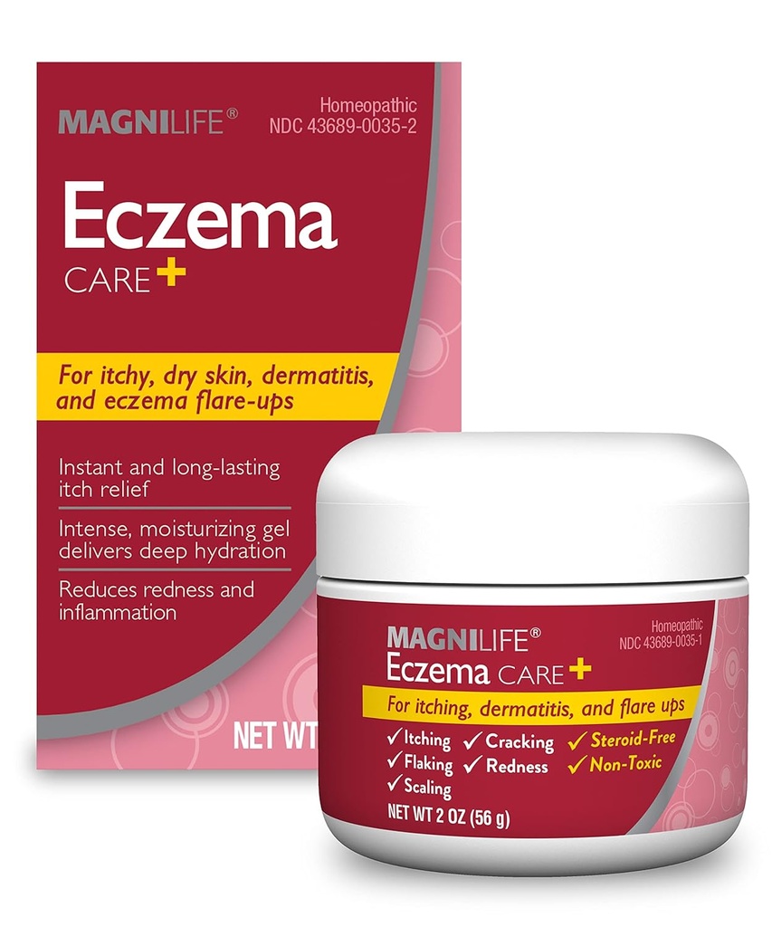 MagniLife Eczema Care+, Moisturizing Gel for Itchy, Dry Skin, Last Relief for Dermatitis and Eczema Flare-Ups - Natural Ingredients Aloe, Calendula &amp; Tea Tree Oil - Steroid-Free, Paraben-Free - 2 oz