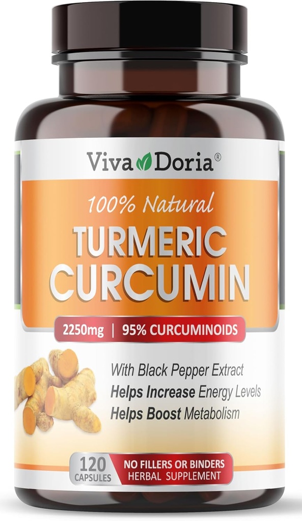 Viva Doria Turmeric Curcumin with Black Pepper Extract 2250mg, 95% Curcuminoides Estándarizados - Pepper Negro para Max Absorción, 120 cápsulas vegetales