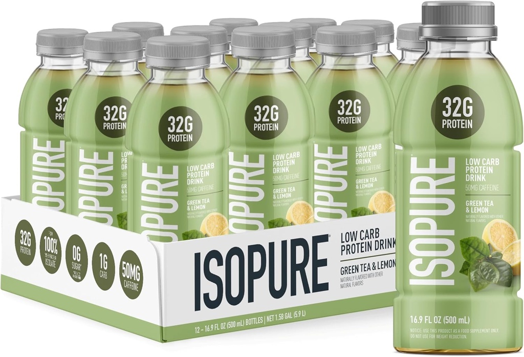 Isopure Zero Carb 32g Clear Protein List-to-Drink, Whey Protein Isolate, Green Tea, 12 Pack (Packaging May Vary)