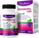 100% Natural Resveratrol - 1480mg Por Serving, 90 Veggie Capsules, 99% Puro Trans-Resveratrol, Antioxidante para el envejecimiento saludable, Cerebro &amp; Corazón