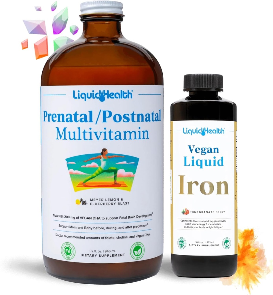 LIQUIDHEALTH Prenatal Baby Booster Pregnancy Vitamin Bundle - Vegan Women's Prenatal/Postnatal Multivitamin with SunActive &amp; Ferrochel Iron, Folate, Whole Foods - Made in The USA, 100% Vegan (Bundle)