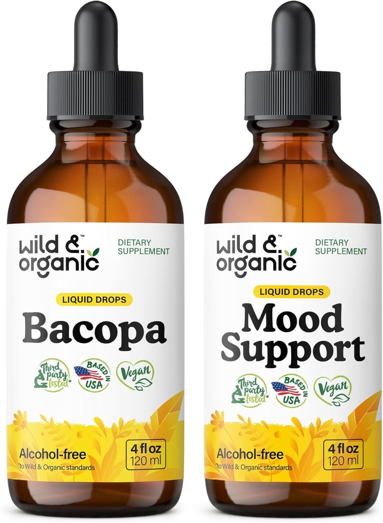 Wild &amp; Organic Bacopa Tincture 4 fl oz &amp; Mood Support Tincture 4 fl oz