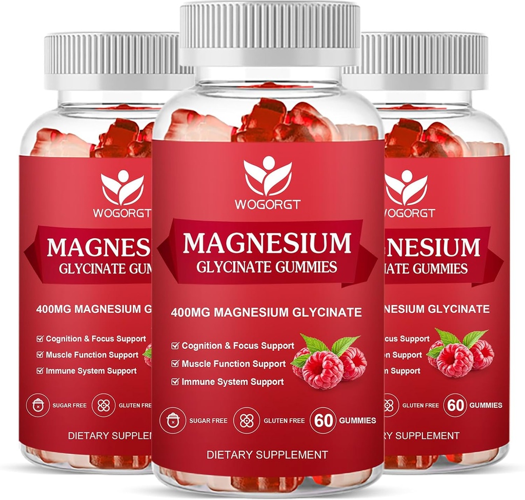 Magnesium Glycinate Gummies - 400mg Magnesium Glycinate Gummy con vitamina D, B6, y CoQ10, Magnesium Supplement for Relaxation and Cognition, Sugar Gratis - 60 Raspberry Gummies (3 Pack)