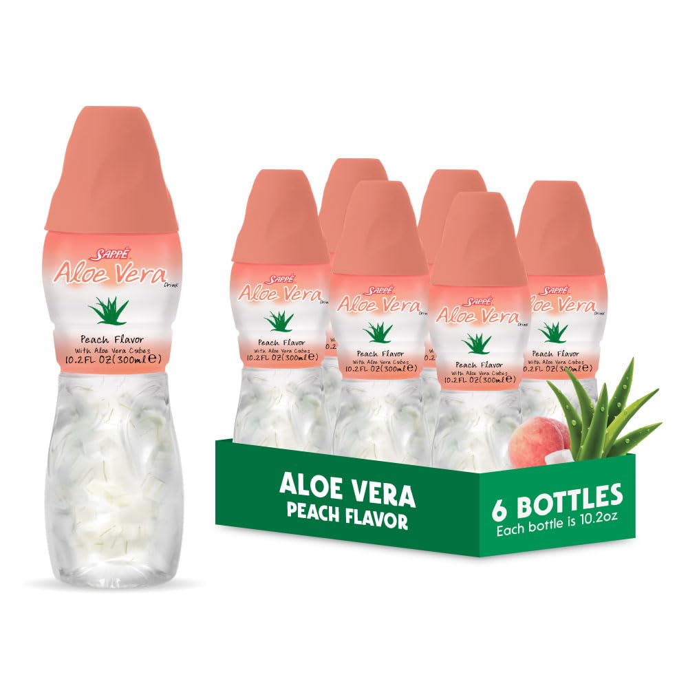 Jugo de aloe vera (Peach con sabor) con pulpa de aloe pura chunky más grande (6 paquetes) Zumo de planta grande para hidratación y contiene pulpa de aloe grande. Es saludable para adultos y niños