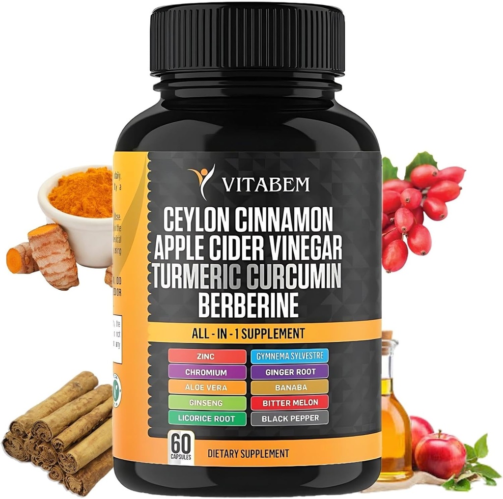 Ceylon Cinnamon Capsules 3000mg Turmeric 3000mg Apple Cider Vinegar 3000 mg Ginseng 2000mg Aloe Vera 2000mg Berberine Suplemento 1200mg + Banaba ← Bitter Melon ← Gymnema ← Ginger Root - 60 Conde