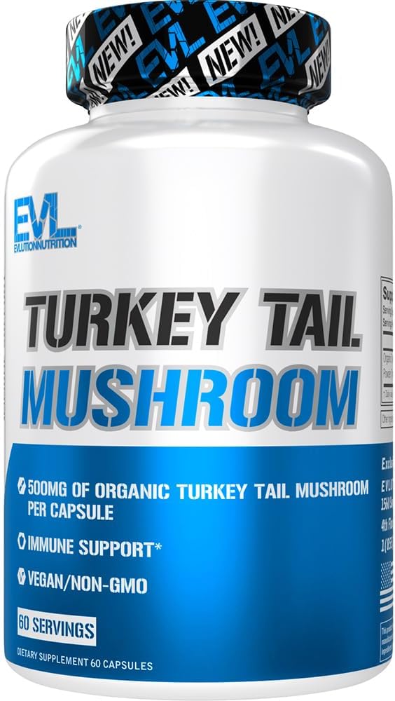 Evlution Nutrition Turkey Tail Mushroom - 500mg Organic Turkey Tail Mushroom per Capsule - Immune Support - Dietary Supplement - Vegan & Non-GMO - 60 Servings - 60 Capsules
