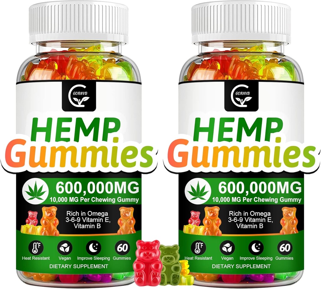 (2 Pack) High Potency Hemp Gummies Extra Strength -Stress, Sleep, Mood, Calming, Focus, Relax Supplements, 100% Natural Hemp Oil Extract Infused Gummies, Vegan, Non-GMO, Gluten-Free