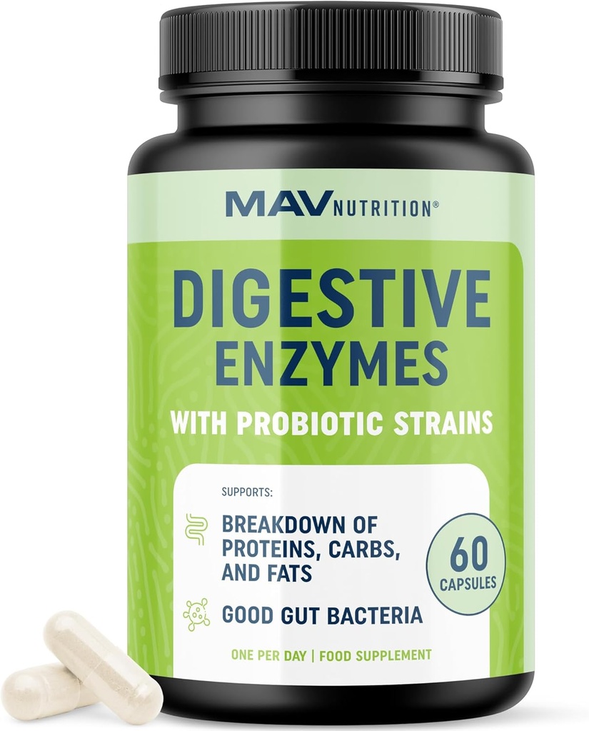 Enzimas Digestivas con Probióticos Silencio Salud Digestiva para Mujeres y Hombres Silencio Mezcla de Enzimas de 400 mg con Cepas Probióticas para la Digestión y la Salud Intestinal ← Vegetariano tención 60 Cápsulas