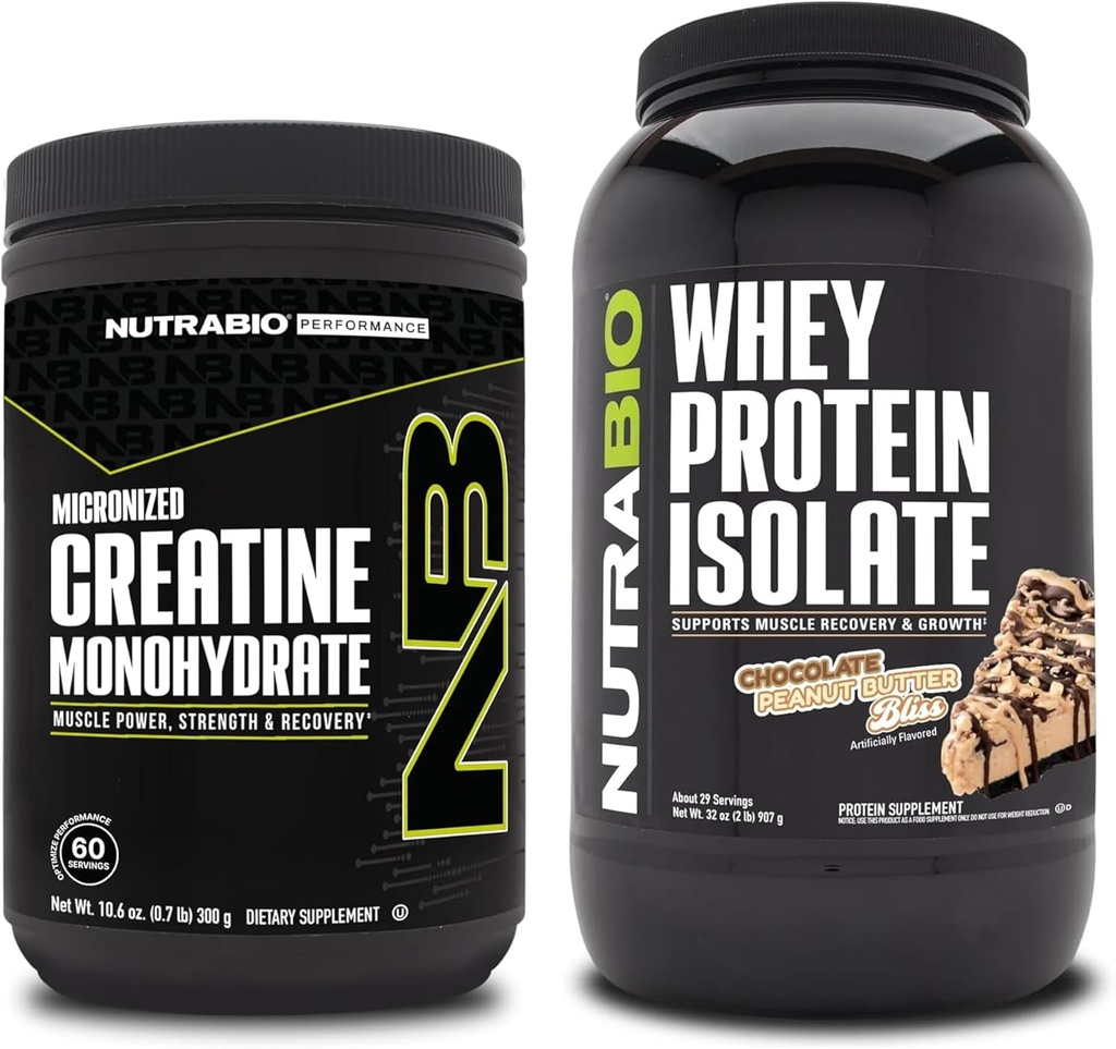 NutraBio Monohidrato de Creatina, Desflavorado, 300g y Whey Protein Isolate, mantequilla de maní de chocolate, Suplemento Bundle - energía muscular, crecimiento del músculo magro, recuperación y fuerza