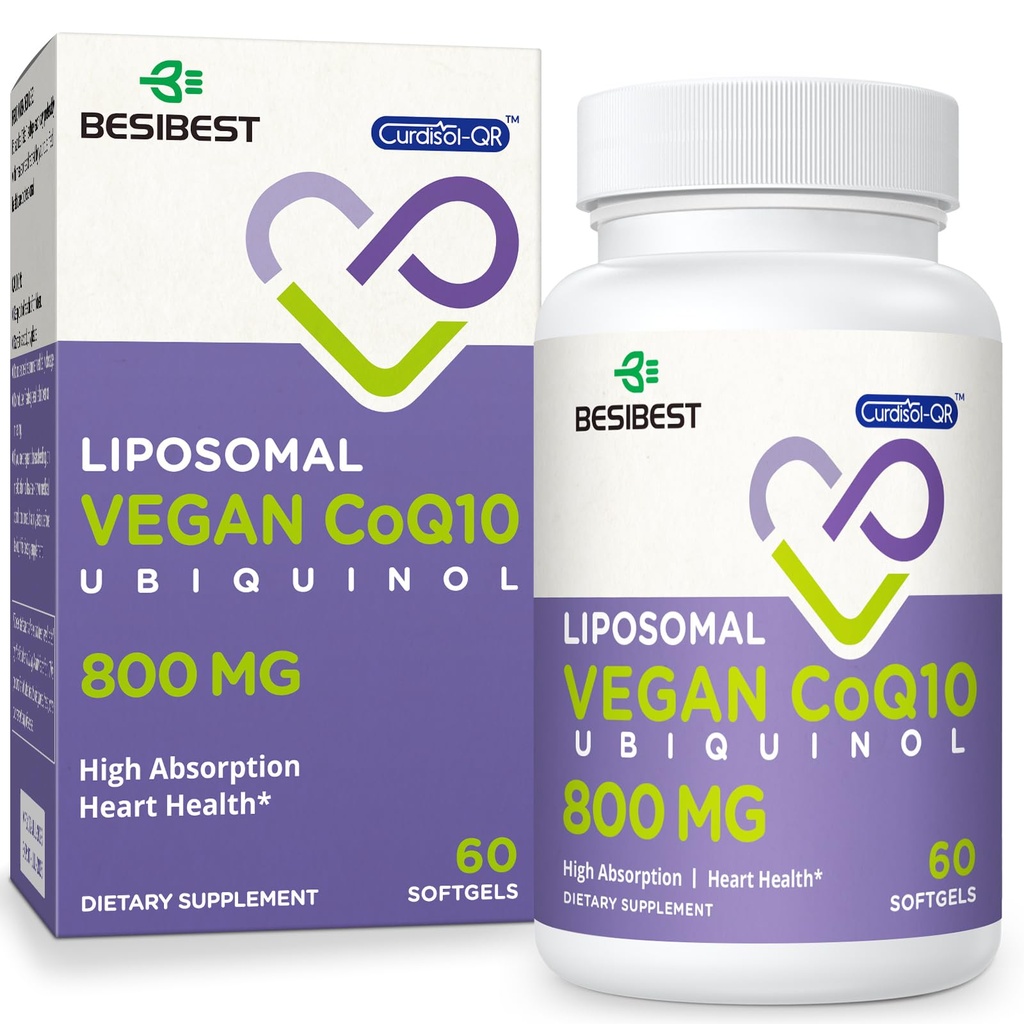Liposomal Ubiquinol CoQ10 800 MG Softgel, alta absorción CoQ10 Ubiquinol Suplemento, Active Coenzyme Q10 800mg, potente antioxidante para la función cerebral del corazón, producción de energía, 60 Vegan Softgels