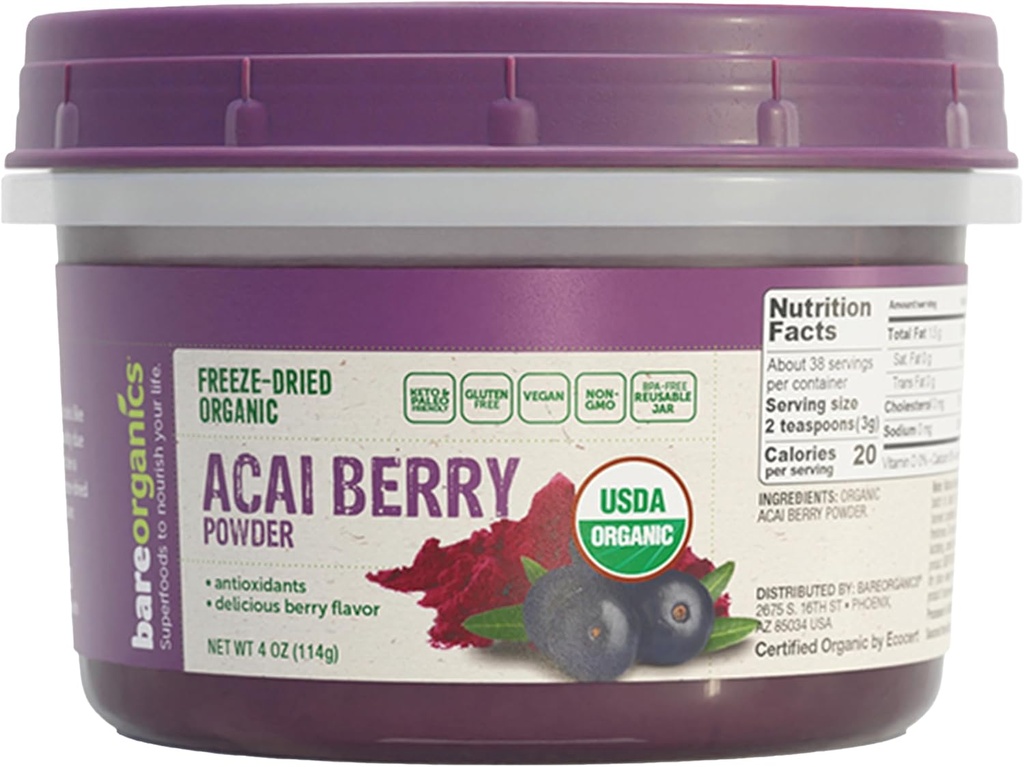 BareOrganics Acai Berry Powder, Superfood Powder, Suplemento dietético orgánico, 4 onzas